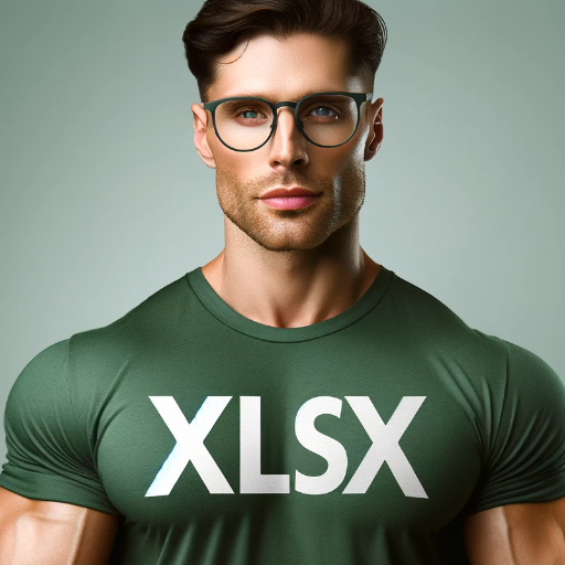 DALL·E 2023-11-24 02.14.48 – A muscular man with an intellectual appearance wearing glasses, dressed in a green T-shirt with ‘XLSX’ written in white letters. The letters are clear