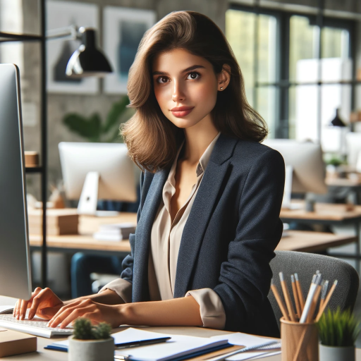 DALL·E 2024-01-06 18.05.41 – A 20s female marketing assistant in a modern office setting. She is wearing smart casual attire, with a blazer and a blouse. Her hair is styled in a p