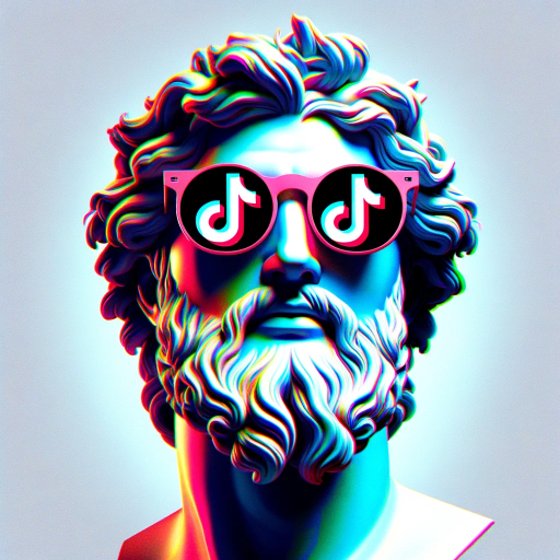 DALL·E 2023-11-11 15.09.42 – A human-like god figure wearing sunglasses that reflect the TikTok logo. The god figure appears tech-savvy, embodying the essence of TikTok’s glitchy,