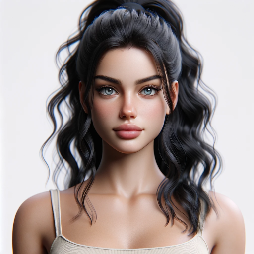DALL·E 2023-11-11 15.40.20 – A realistic photo portrait of a beautiful 20-year-old European girl named Lisa. She has black wavy hair tied up in a high ponytail and blue eyes. She