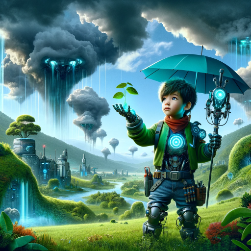 DALL·E 2023-11-26 15.37.11 – A fictional character named Rain Hunter, a young child with a futuristic outfit holding a high-tech device for controlling rain, standing in a lush, g