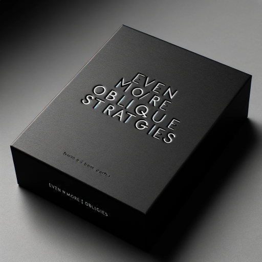 DALL·E 2023-12-09 14.52.10 – A sleek, modern black box of cards, with the cover prominently displaying the text ‘Even More Oblique Strategies’ in crisp, clear white letters. The d