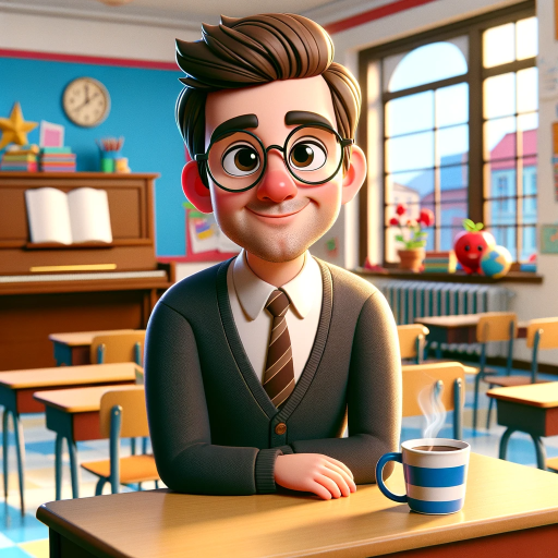 DALL·E 2023-11-08 14.04.15 – Create an image in the style of a family-friendly animated film. The scene is set in a bright and colorful classroom. A male teacher in his early thir
